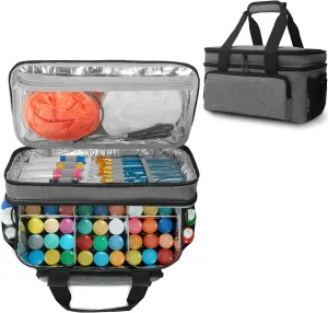Acrylic Paint Organizer Bag - Holds 54 Bottles (2 oz), Art Supply Storage Case with Handle and Shoulder Strap, Extra Pocket for Brushes, Palette Board, Aluminum Foil Liner for Easy Cleaning, Grey