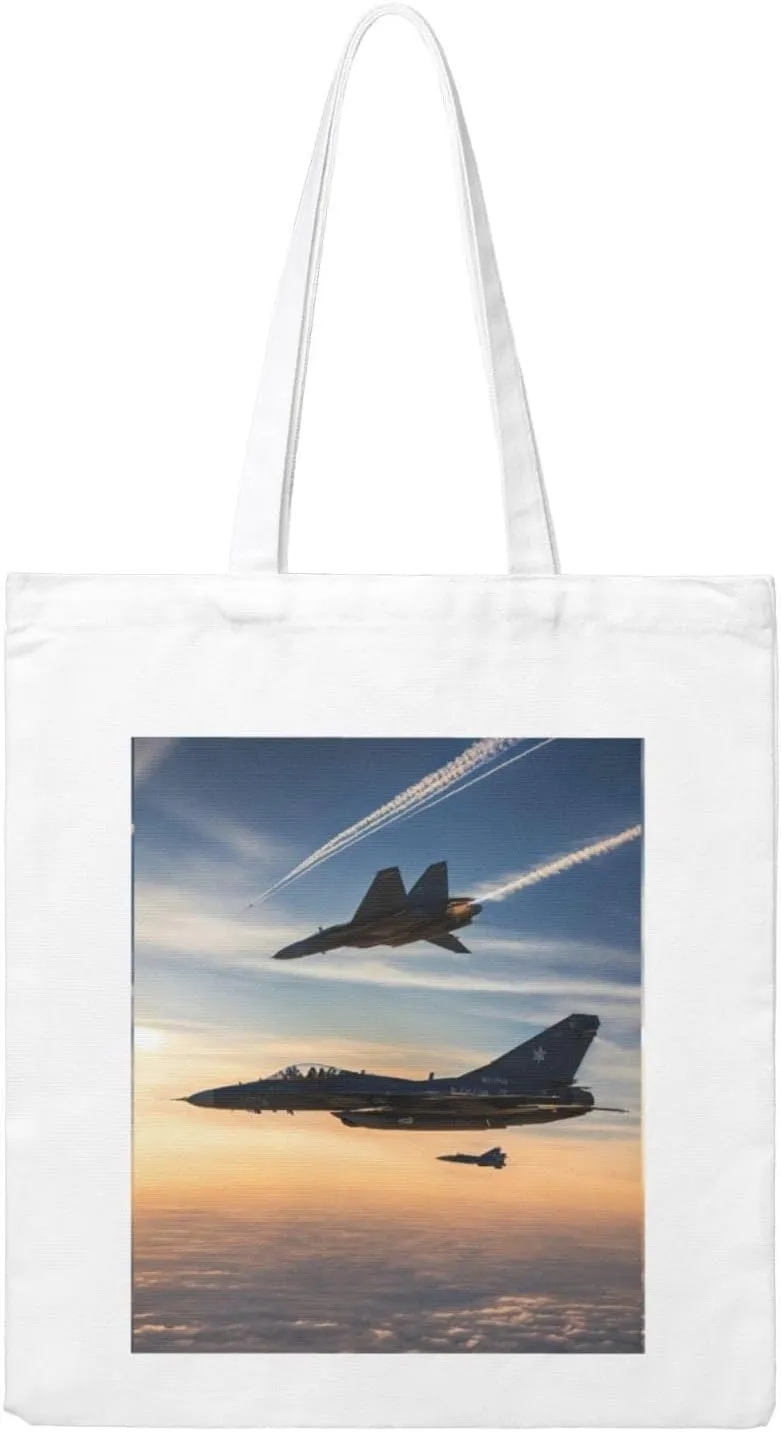 Aircraft Fighter Jets Print Canvas Tote Bag Reusable Tote Shoulder Bag for Vacation, Shopping, Work, Gym