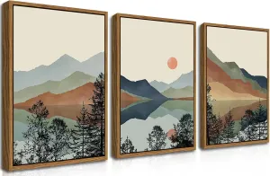 AKWISH Mountain Canvas Wall Art Set of 3, Boho Watercolor Poster Prints Paintings, Sun Forest Abstract Nature Landscape Artwork Wall Decor for Living Room, Bedroom, Office 16x24 In Brown Framed