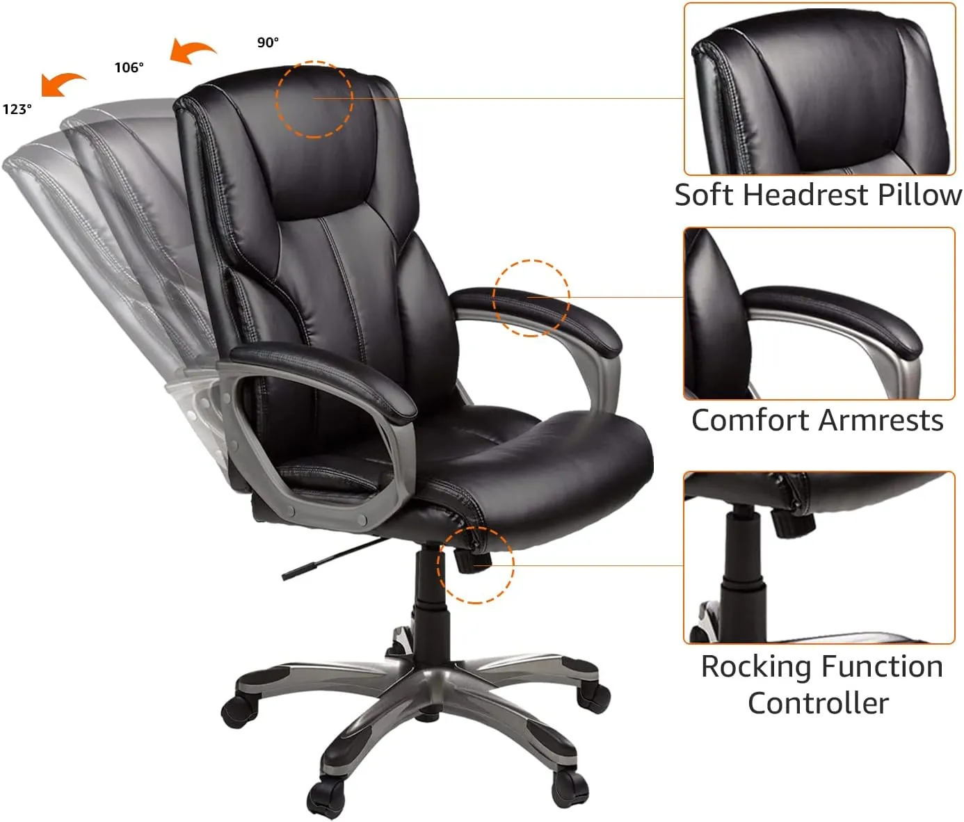 Amazon Basics Executive High Back Office Desk Chair, Adjustable Height, Tilt, Swivel, one Size, Black/Silver