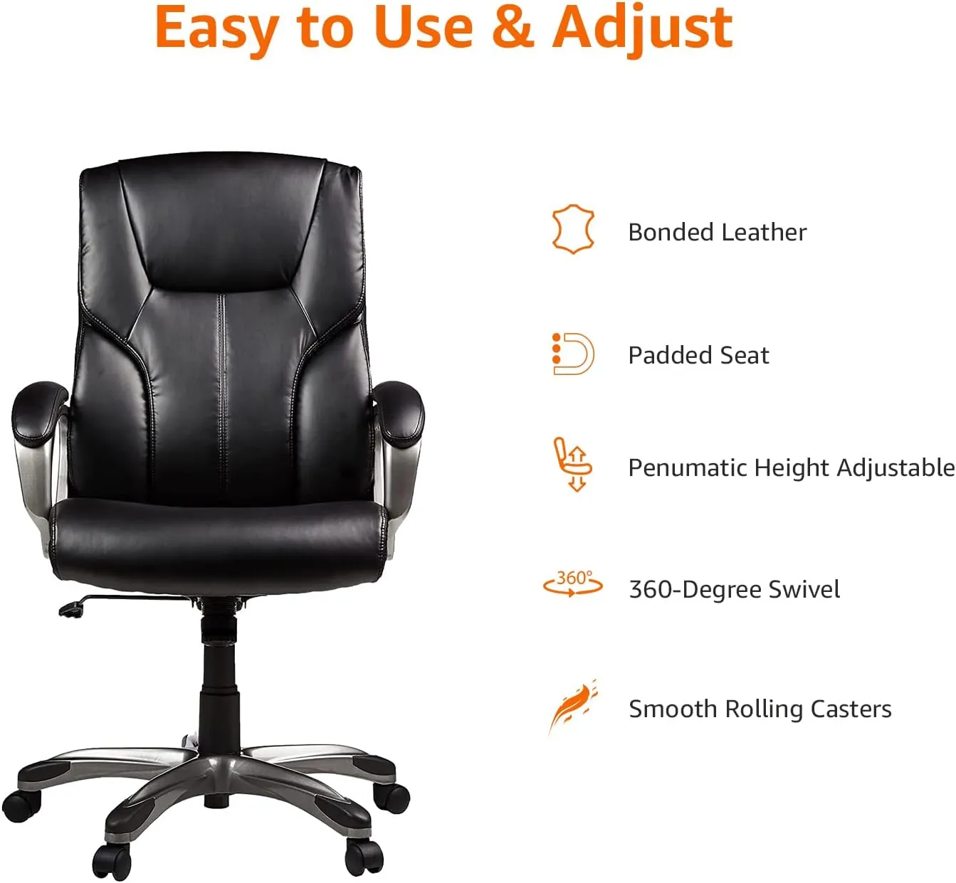 Amazon Basics Executive High Back Office Desk Chair, Adjustable Height, Tilt, Swivel, one Size, Black/Silver