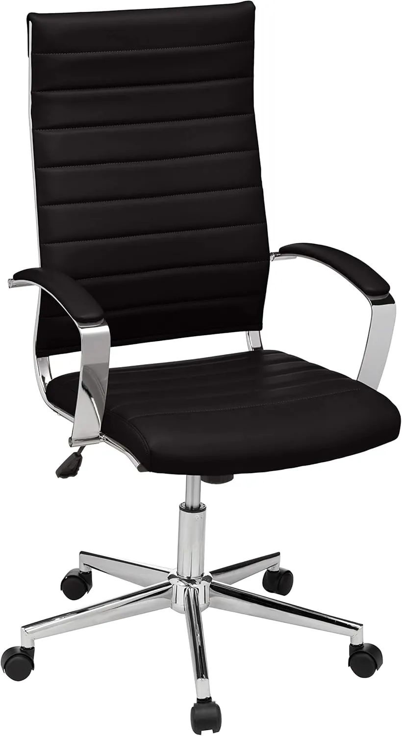 Amazon Basics High-Back Swivel Desk Chair, Ergonomic Ribbed Faux Leather Upholstery, Lumbar Support, Home Modern Style, Black, 45.25" x 24.75" x 23.25"