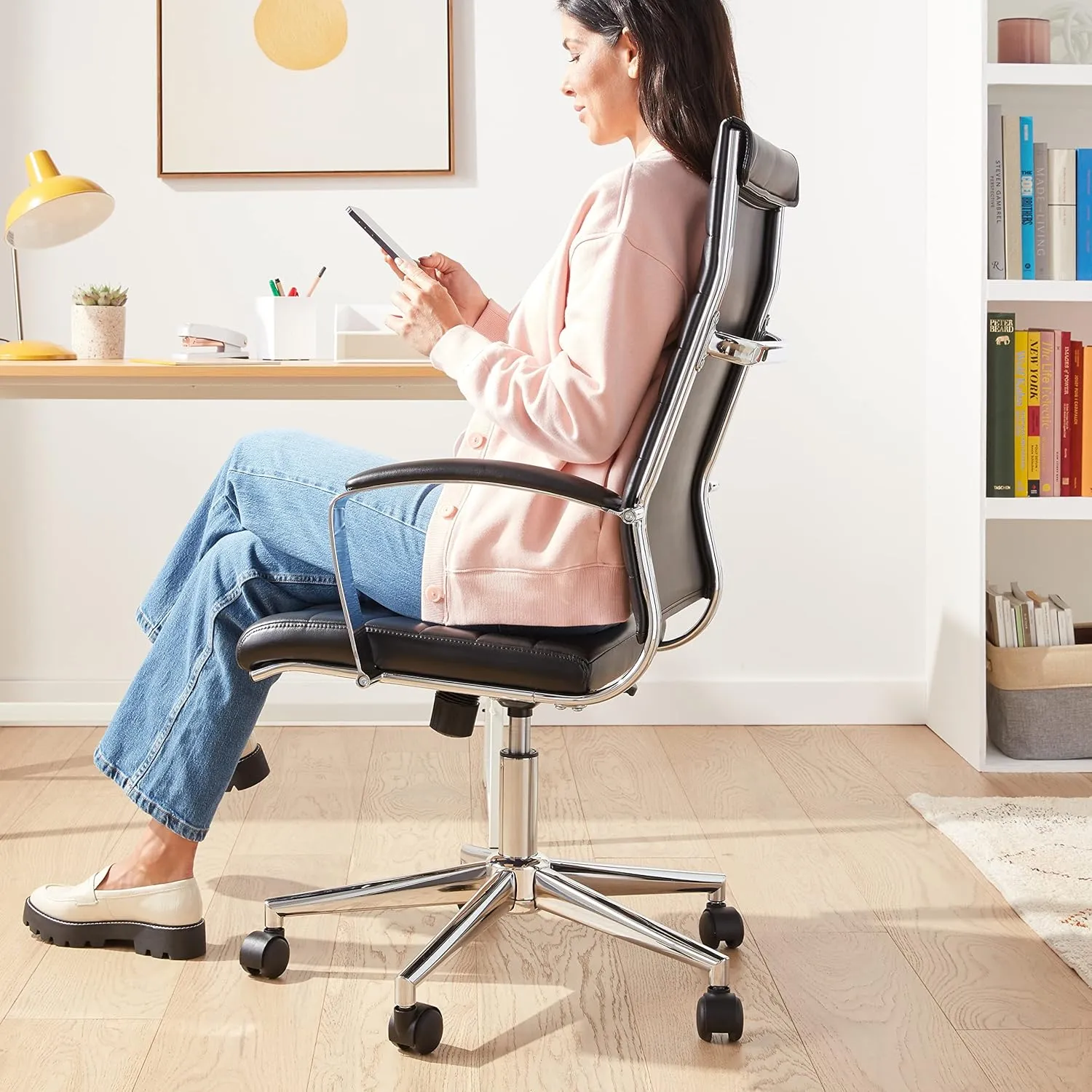 Amazon Basics High-Back Swivel Desk Chair, Ergonomic Ribbed Faux Leather Upholstery, Lumbar Support, Home Modern Style, Black, 45.25" x 24.75" x 23.25"