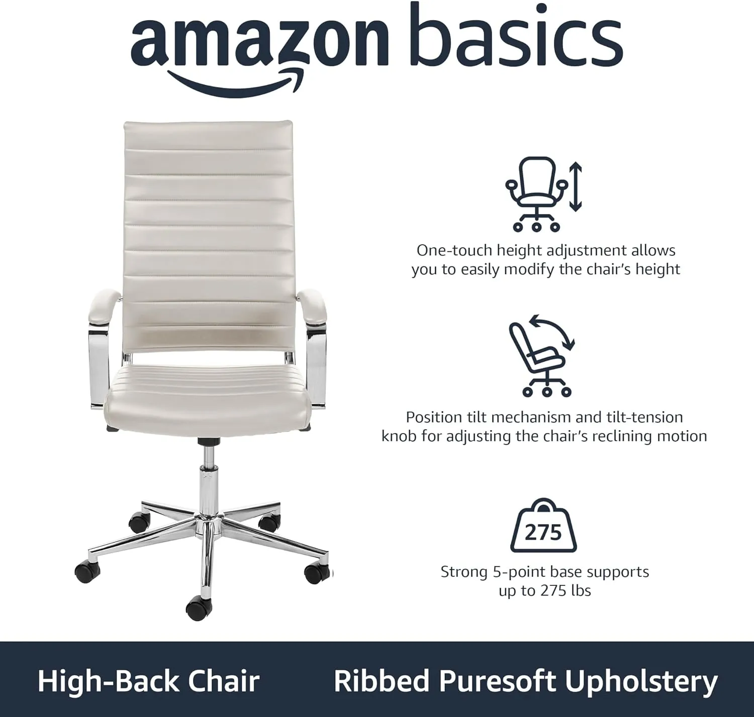 Amazon Basics High-Back Swivel Desk Chair, Ergonomic Ribbed Faux Leather Upholstery, Lumbar Support, Home Modern Style, Stunning White, 45.25" x 24.75" x 23.25"