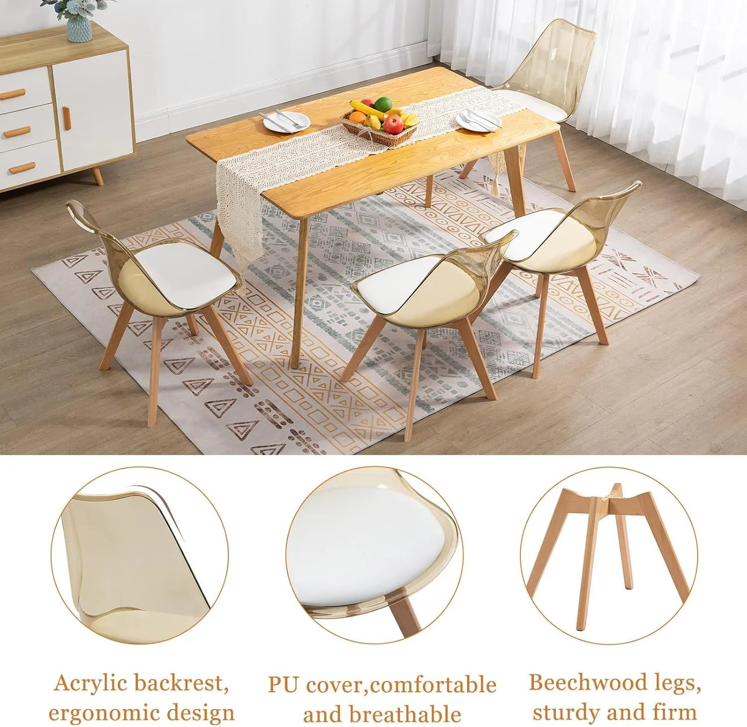 ANOUR Dining Chairs Set of 4, Modern Kitchen Clear Acrylic Accent Dinner Chairs with PU Leather Cushions Seat and Solid Beech Legs, Suitable for Living Room and Bedroom
