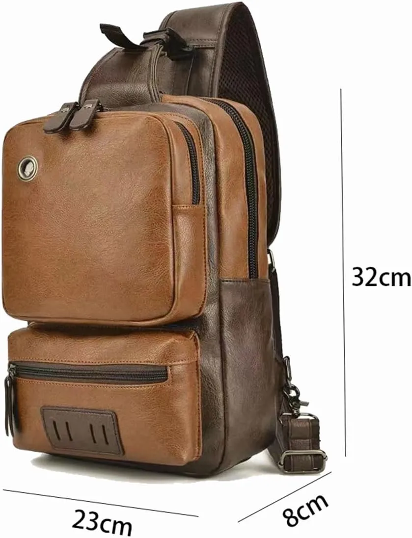 Anti Theft Sling Bag Shoulder Crossbody Backpack Waterproof Chest Bag with USB Charge Port, Leather Travel Satchel (Brown)