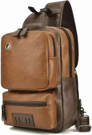 Anti Theft Sling Bag Shoulder Crossbody Backpack Waterproof Chest Bag with USB Charge Port, Leather Travel Satchel (Brown)