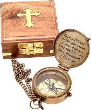 Antique Brass Compass with Thoreau Quote, Wooden Cross Box, 2 x 2 inches, Graduation Gift