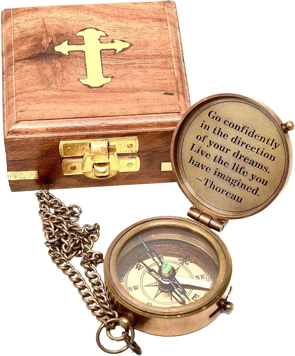 Antique Brass Compass with Thoreau Quote, Wooden Cross Box, 2 x 2 inches, Graduation Gift