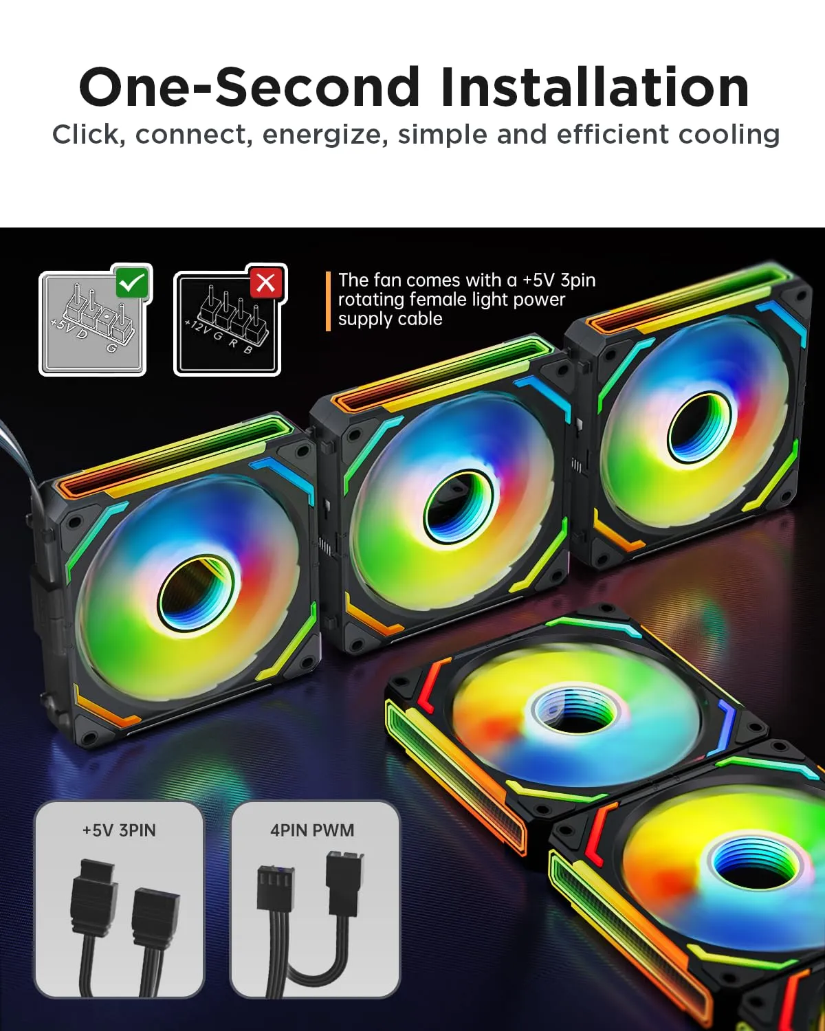 AsiaHorse COSMIQ-RE-Black 120mm Case Fan, Infinity Mirror FDB Reverse Fan with 5V 3-PIN Connector and Small Controller, Daisy Chain PWM PC RGB Fans for Cases CPU Liquid Coolers, 3Pack