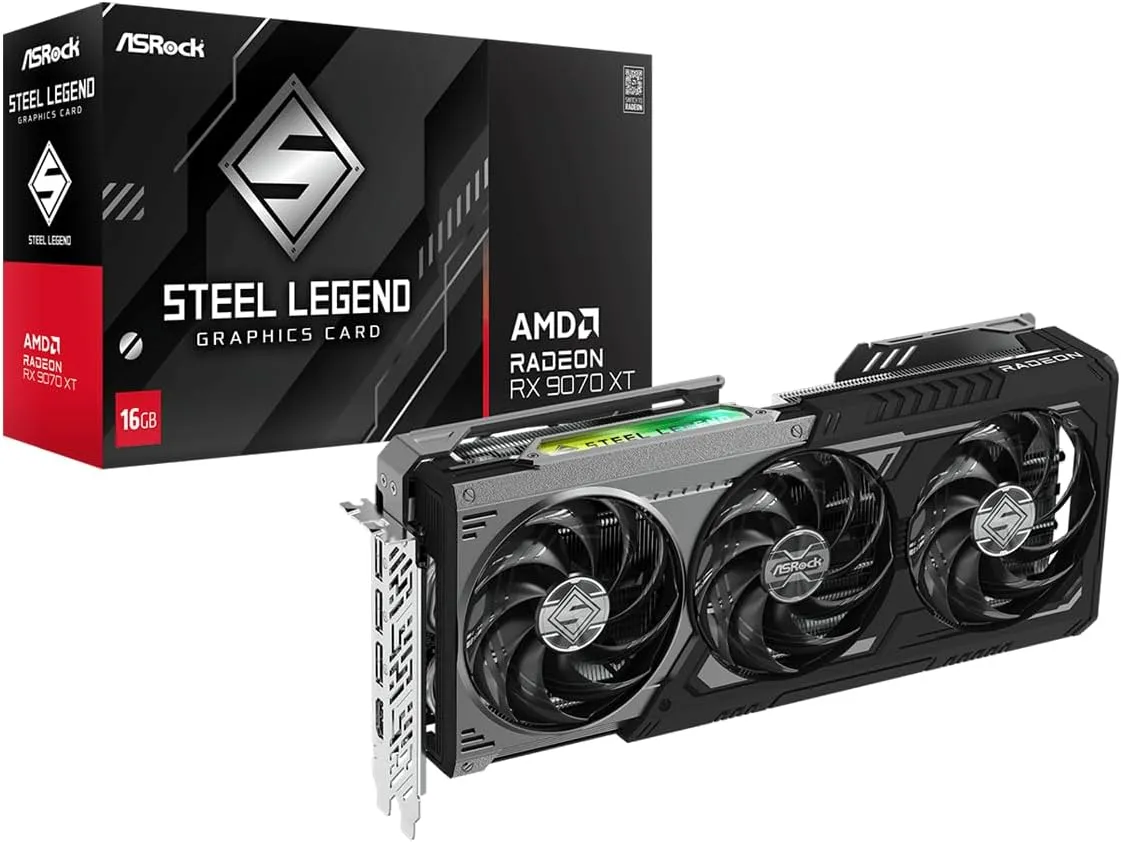 ASRock AMD Radeon RX 9070 XT Steel Legend Dark 16GB GDDR6 256-bit, 2970MHz Boost, PCIe 5.0, 3xDP2.1 HDMI2.1, Triple-Fan, Metal Backplate, RGB Sync, DirectX12 Ultimate, RDNA4, 2x8-Pin
