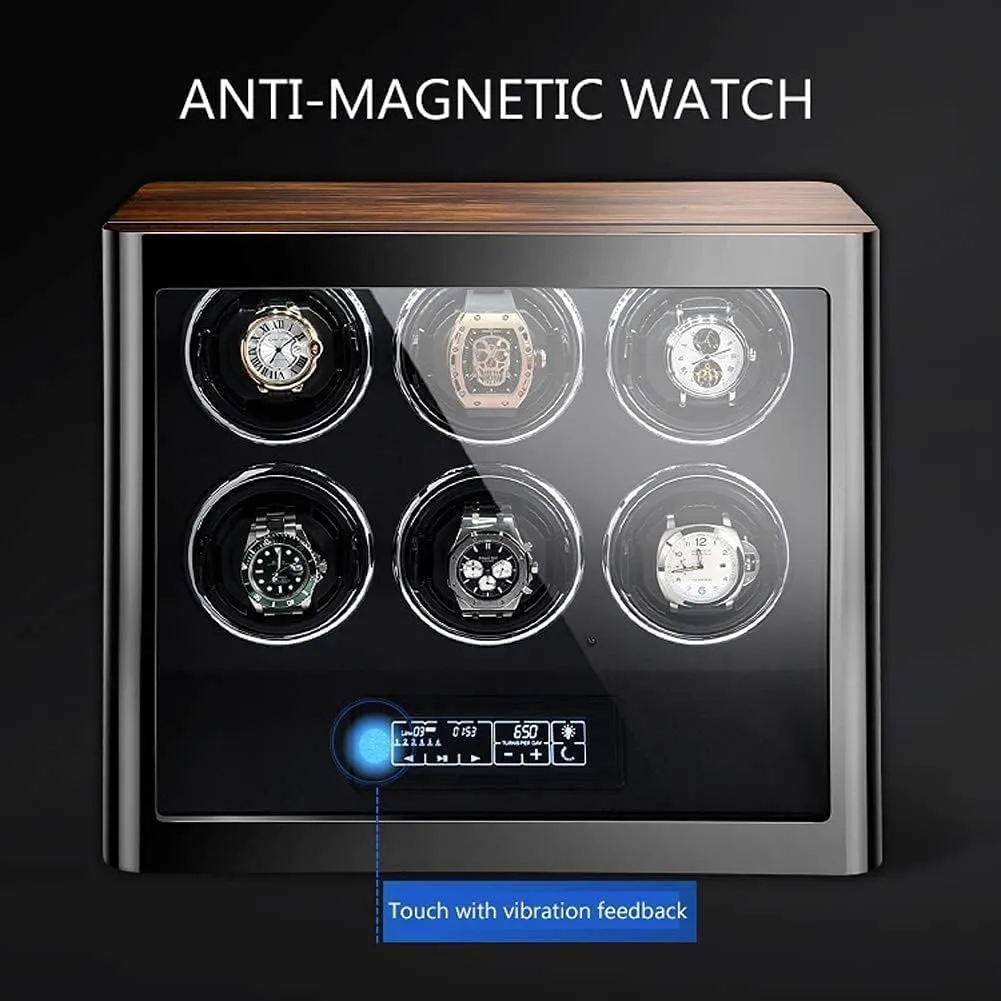 Automatic Watch Winder Box for 6 Watches, Touch LCD Screen and Remote Control,5 Rotation Modes Built-in LED LightHoliday (B A)