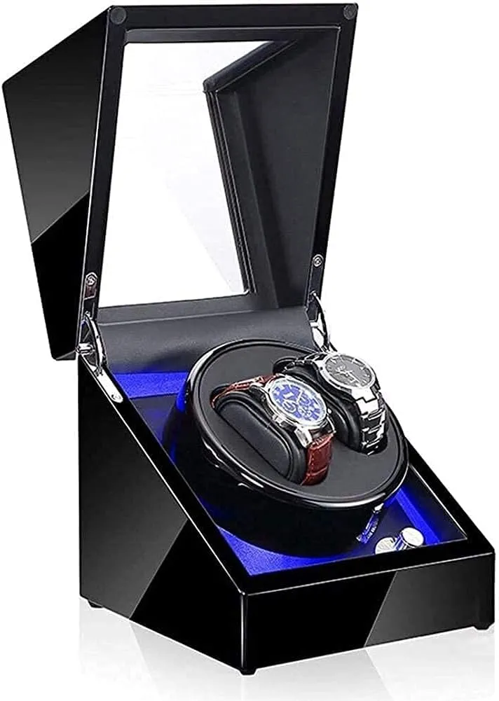 Automatic Watch Winder Box Watch Storage Box Wooden Double Automatic Watch Winder, LED Storage Watches Boxes 5 Rotation Modes Display Case Box Watch Winder，B
