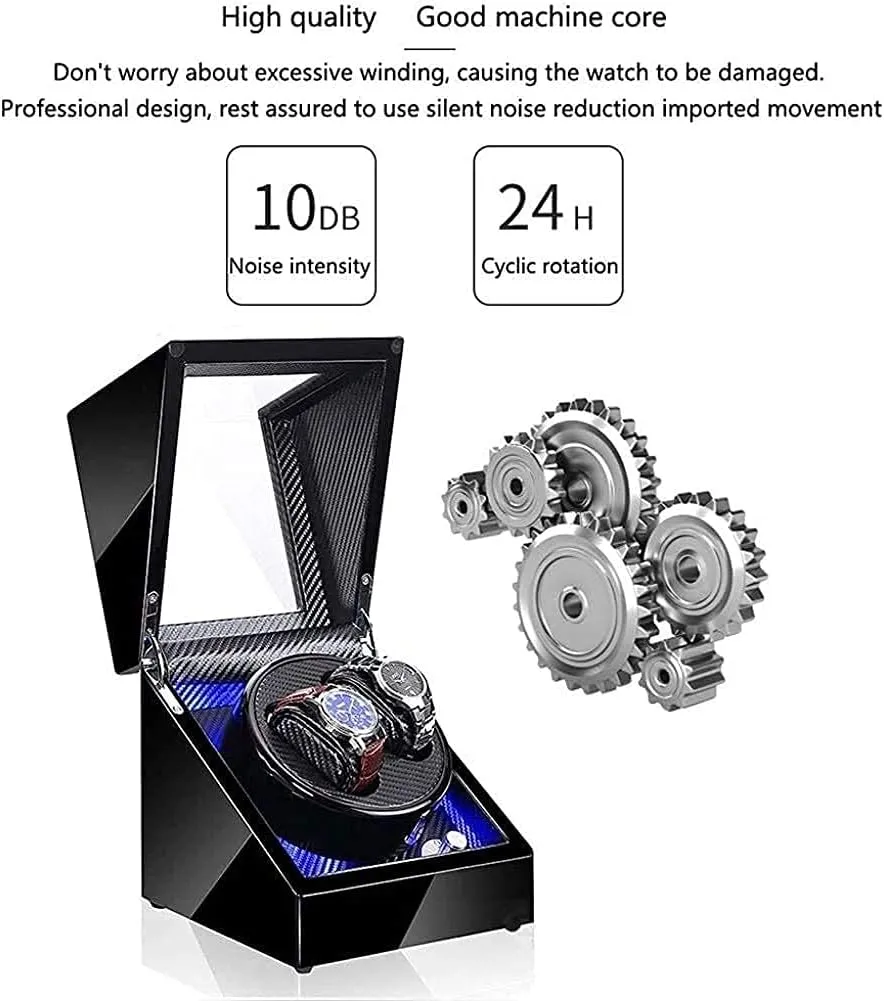 Automatic Watch Winder Box Watch Storage Box Wooden Double Automatic Watch Winder, LED Storage Watches Boxes 5 Rotation Modes Display Case Box Watch Winder，B