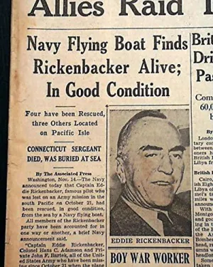 Aviator EDDIE RICKENBACKER Adrift at Sea is Alive 1942 World War II Newspaper THE EVENING BULLETIN, Philadelphia, November 14, 1942