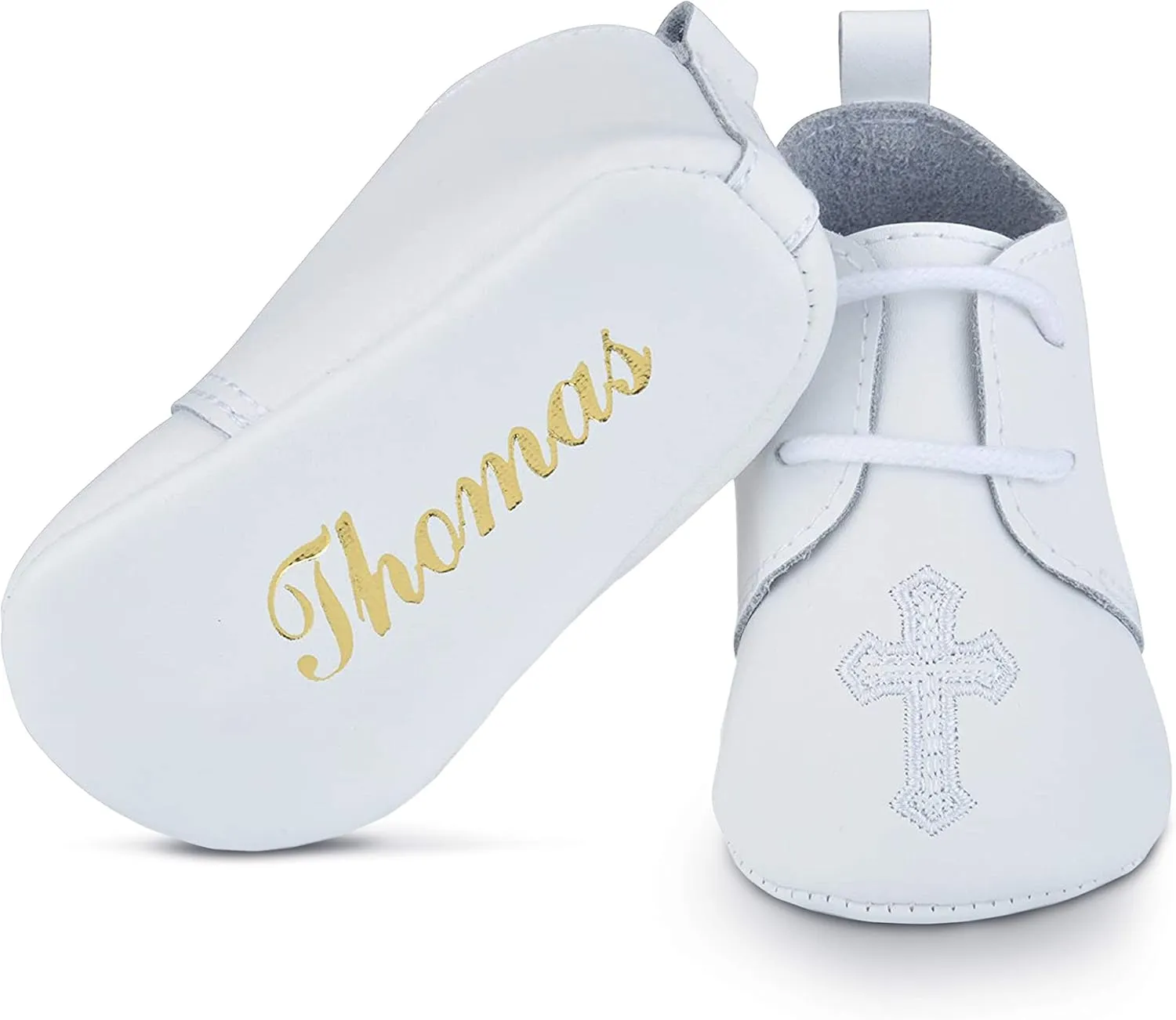 BABYSHOE Personalized Newborn Baby Christening - Baptism Leather Shoes for Boys & Girls with Hand Embossed Name & Date – for Special Occasions – Great Gift Idea White