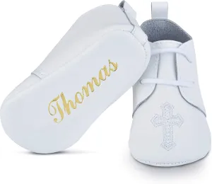 BABYSHOE Personalized Newborn Baby Christening - Baptism Leather Shoes for Boys & Girls with Hand Embossed Name & Date – for Special Occasions – Great Gift Idea White