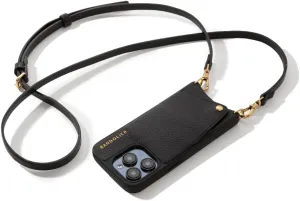 Bandolier Emma Crossbody Wallet Phone Case for iPhone 15. 100% Genuine Pebble Leather. Adjustable & Removable Crossbody Strap. Card Holder with Snap Closure. Black with Gold Hardware