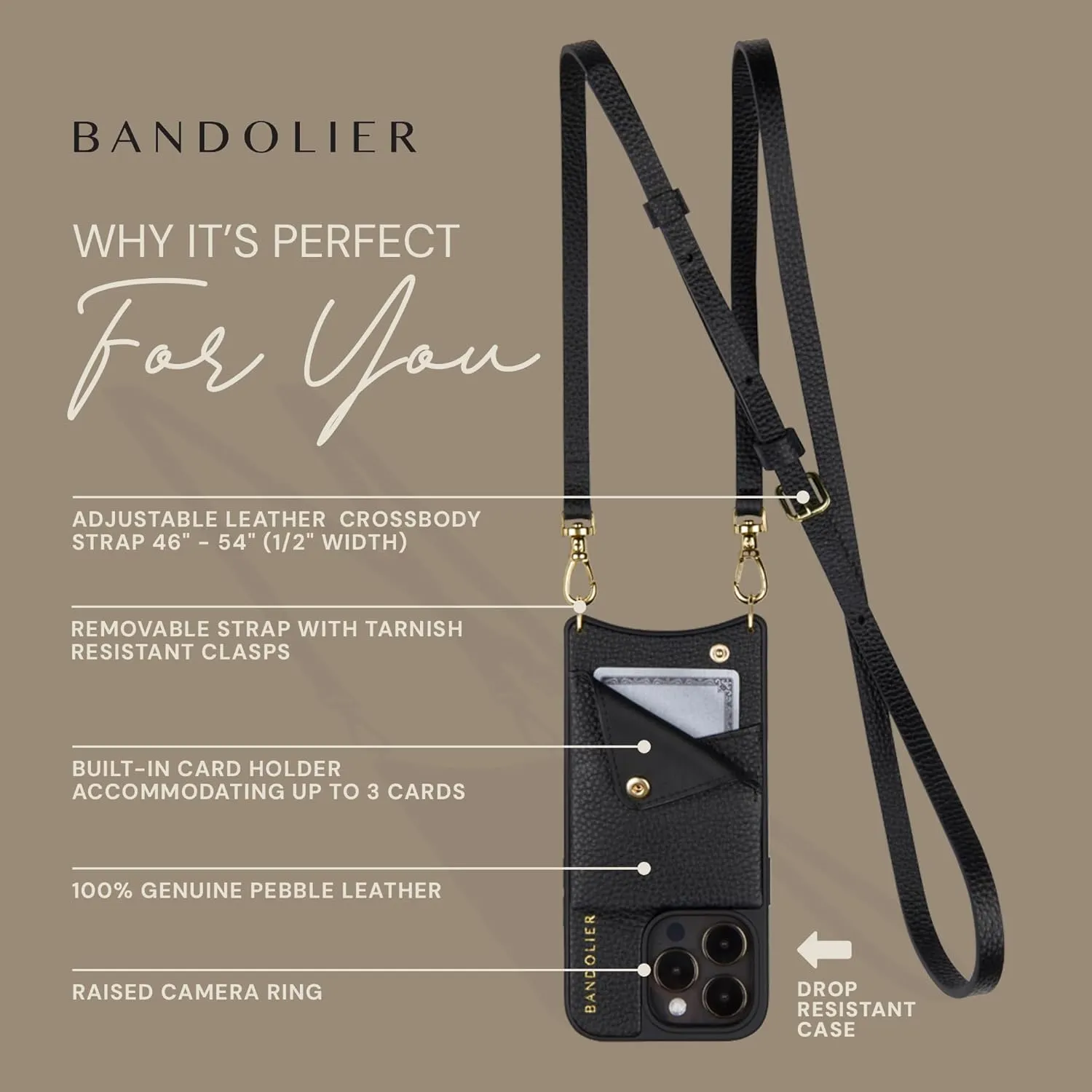Bandolier Emma Crossbody Wallet Phone Case for iPhone 15. 100% Genuine Pebble Leather. Adjustable & Removable Crossbody Strap. Card Holder with Snap Closure. Black with Gold Hardware