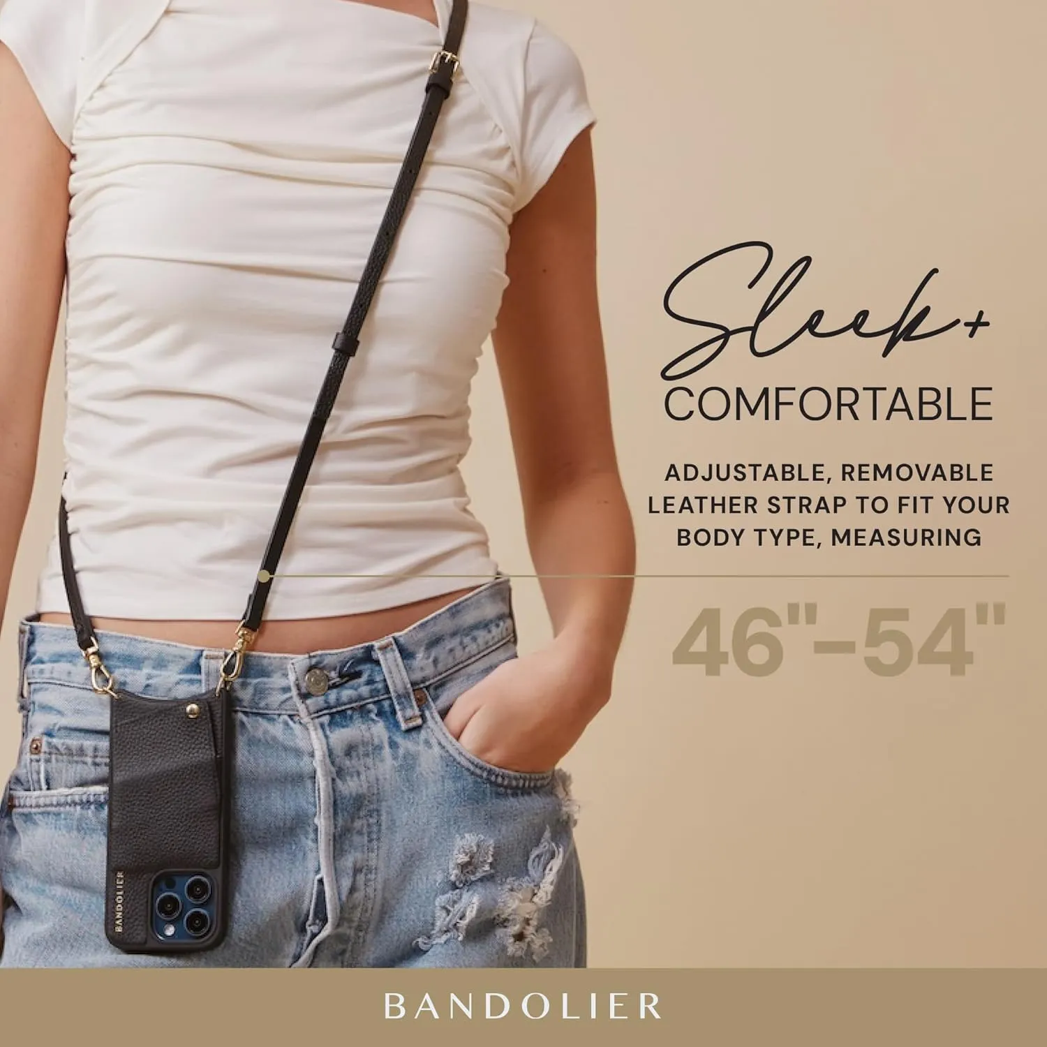Bandolier Emma Crossbody Wallet Phone Case for iPhone 15. 100% Genuine Pebble Leather. Adjustable & Removable Crossbody Strap. Card Holder with Snap Closure. Black with Gold Hardware
