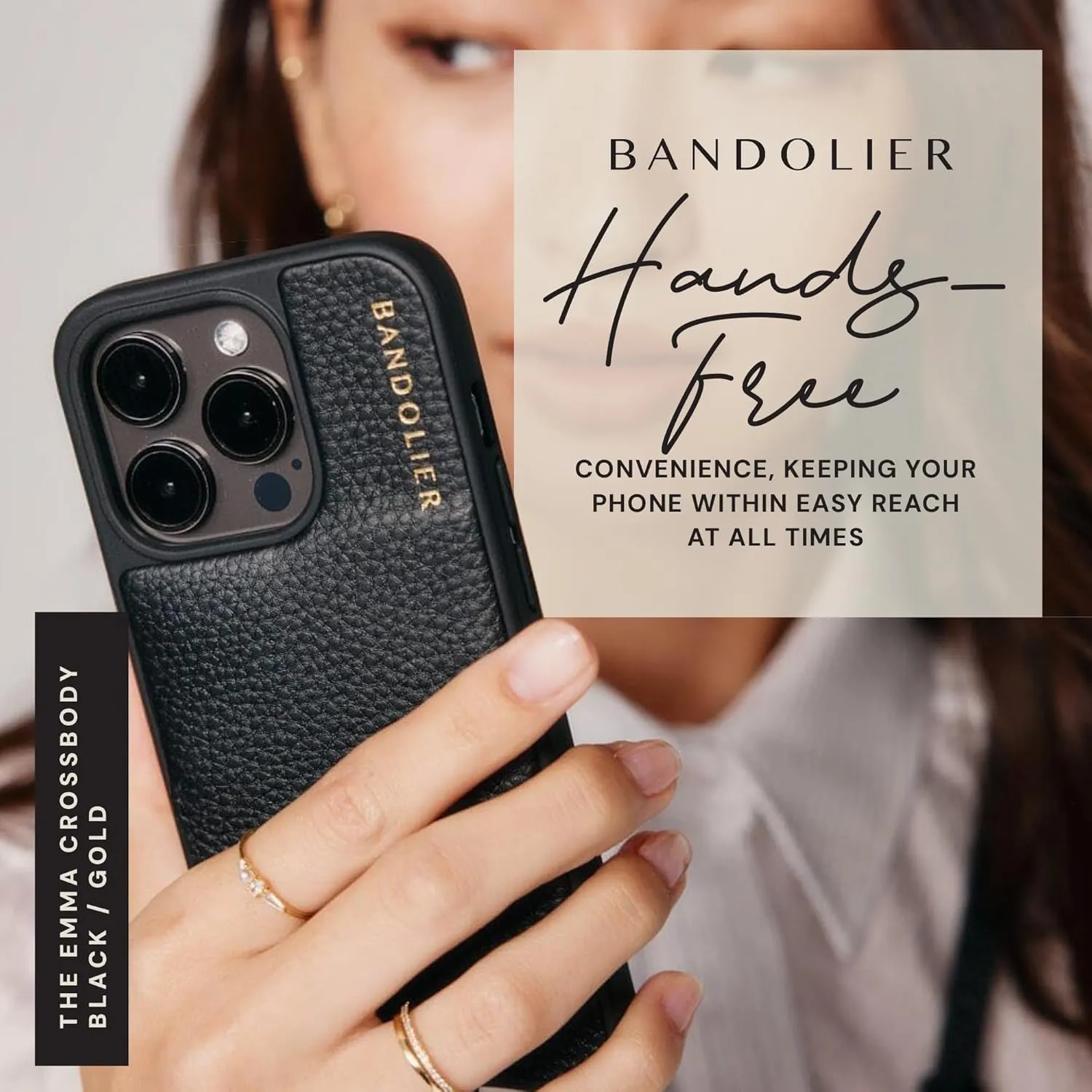 Bandolier Emma Crossbody Wallet Phone Case for iPhone 15. 100% Genuine Pebble Leather. Adjustable & Removable Crossbody Strap. Card Holder with Snap Closure. Black with Gold Hardware