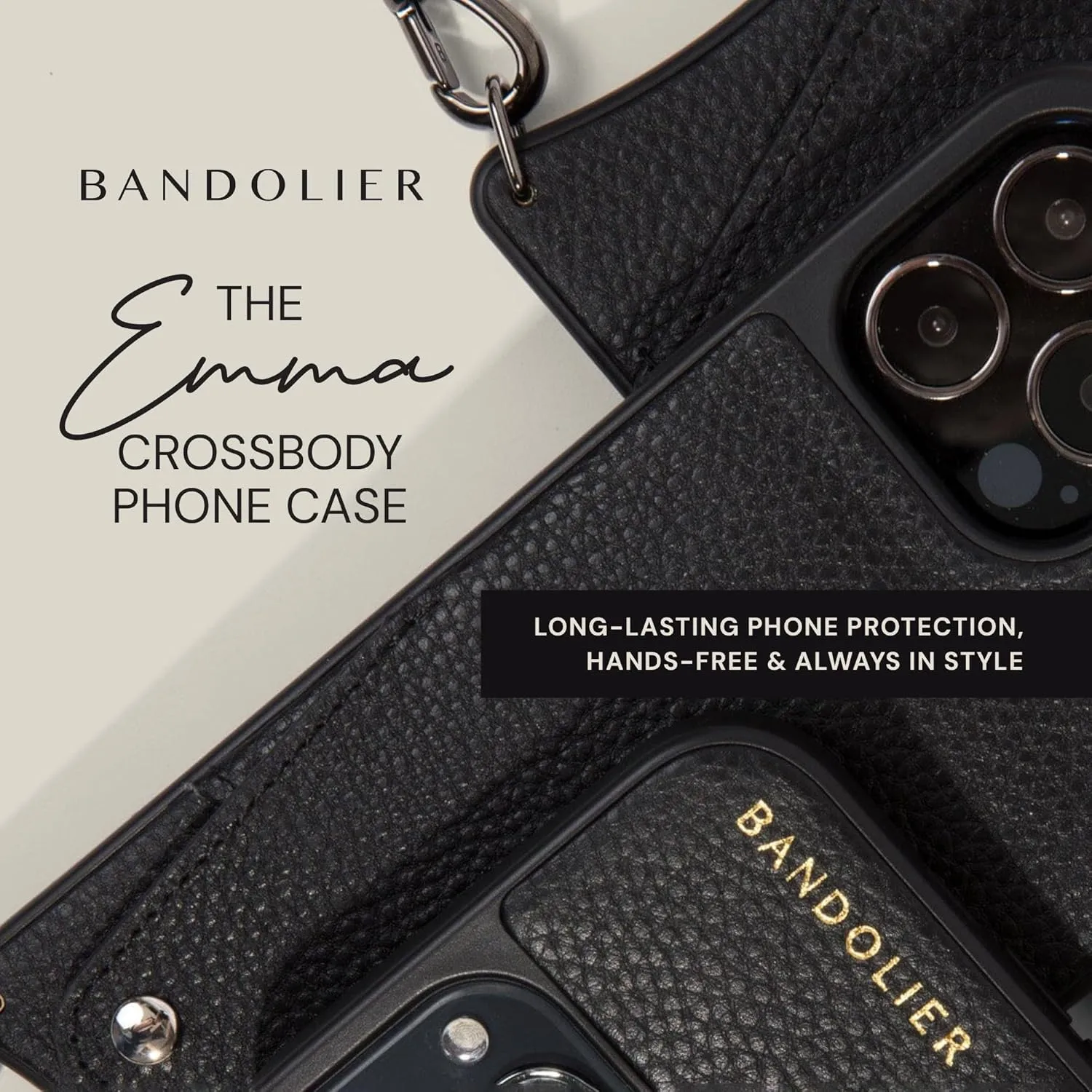 Bandolier Emma Crossbody Wallet Phone Case for iPhone 15. 100% Genuine Pebble Leather. Adjustable & Removable Crossbody Strap. Card Holder with Snap Closure. Black with Gold Hardware