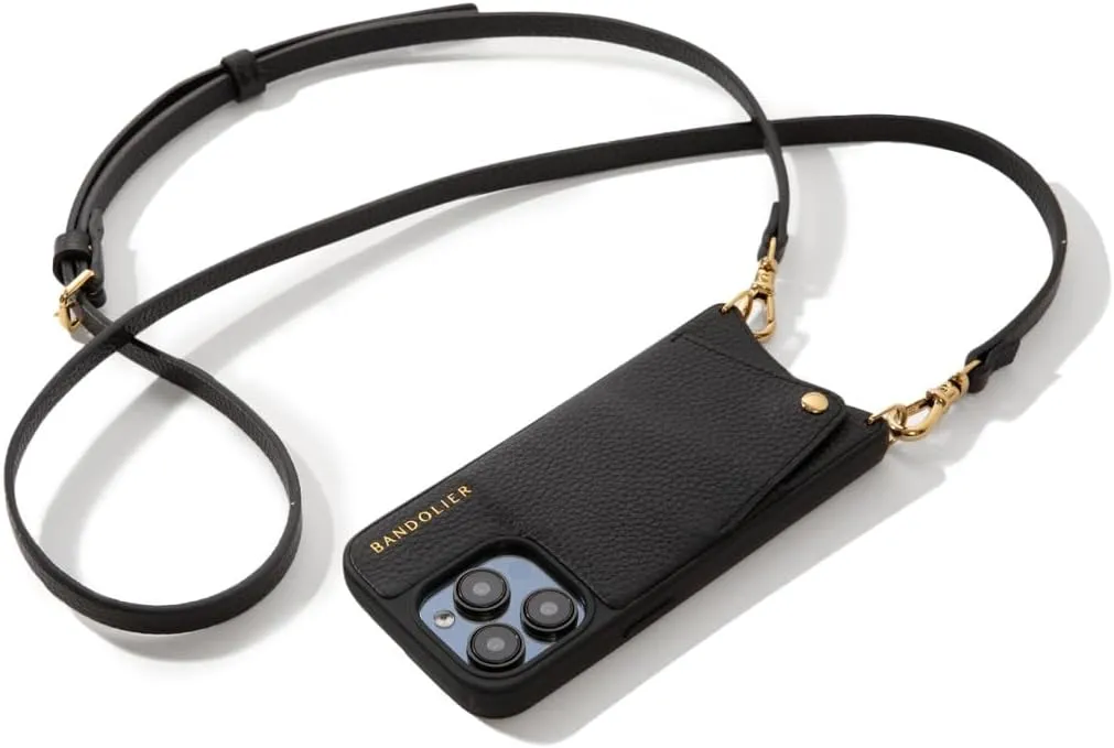 Bandolier Emma Crossbody Wallet Phone Case for iPhone 15. 100% Genuine Pebble Leather. Adjustable & Removable Crossbody Strap. Card Holder with Snap Closure. Black with Gold Hardware