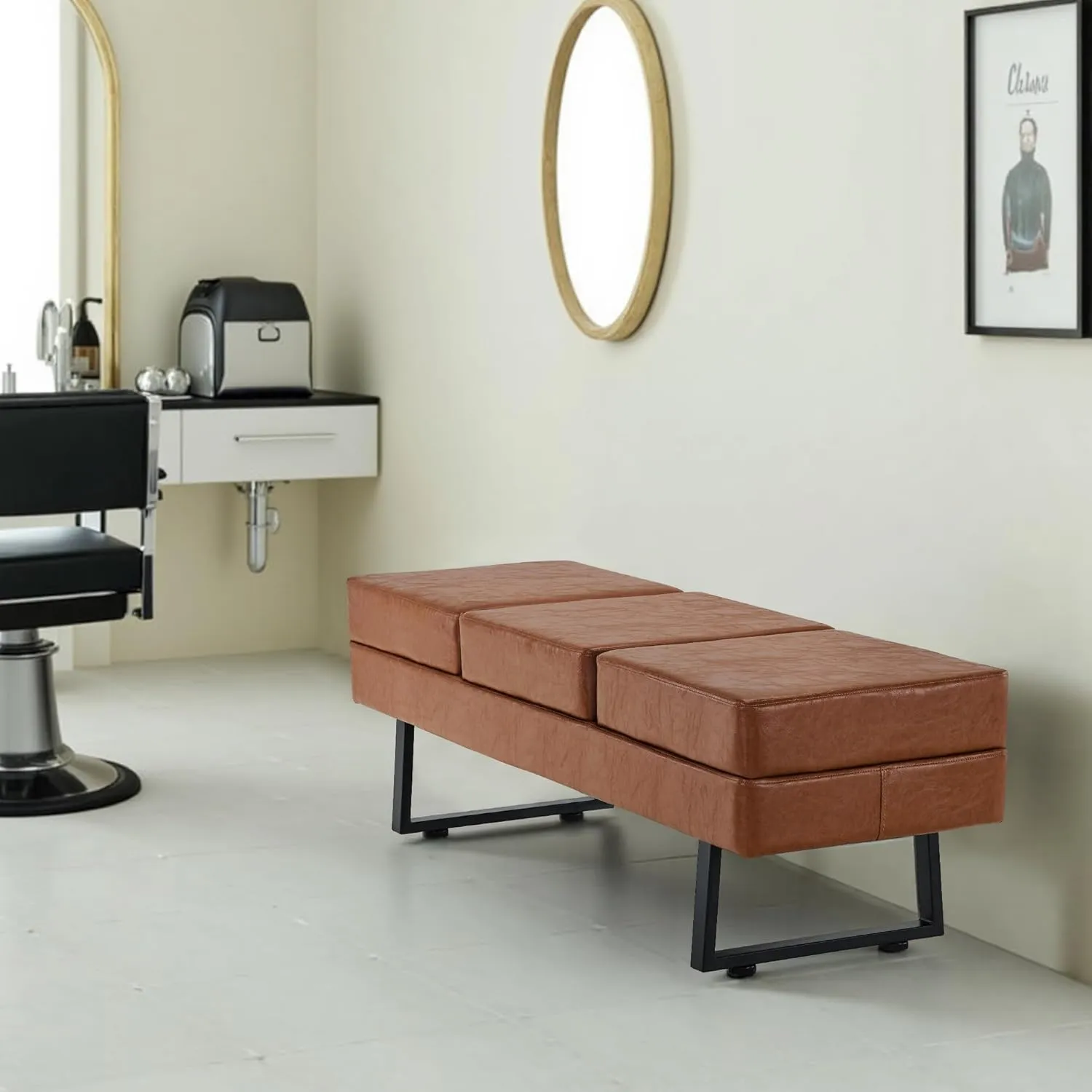 BarberPub Waiting Room Chairs, Heavy Duty Office Guest Reception Bench, Faux Leather Upholstered Lobby Chairs for Salon, Conference Room 7008 (Cognac)