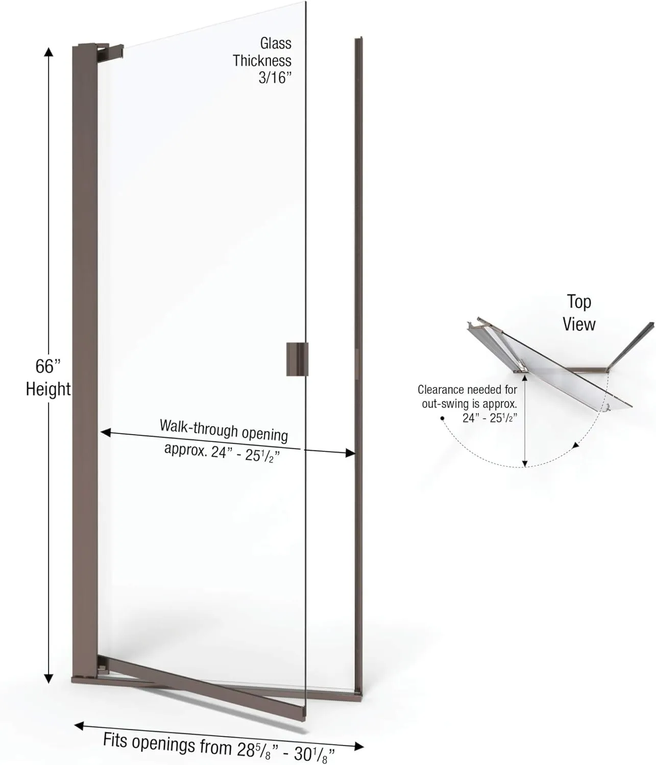 Basco ARMN00A3066OBOR Armon Single Swing Shower Door, Oil Rubbed Bronze, 28.625-30.125 in. Wide x 66 in. high, Obscure Glass