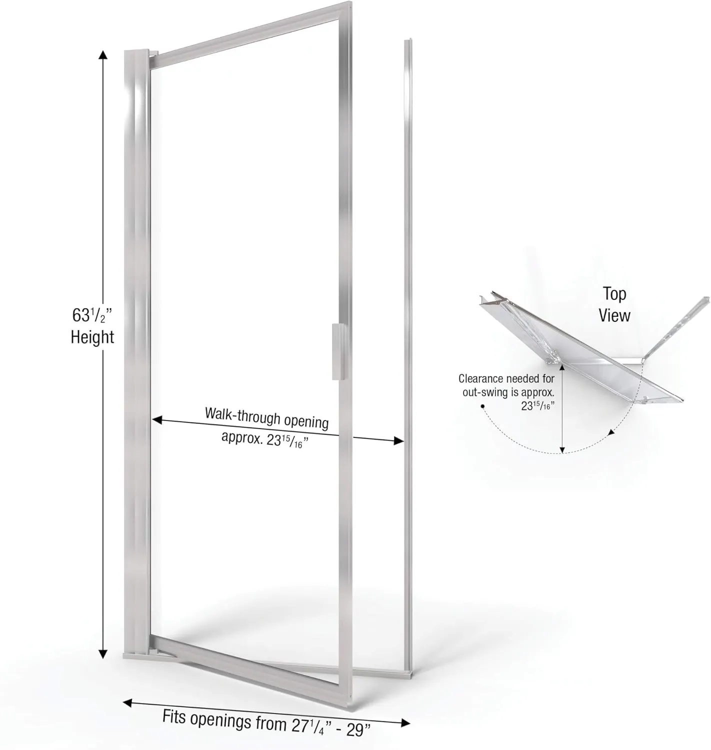 Basco Shower Door Basco SOPN00A2963CLBN Sopora Single Swing Shower Door, Brushed Nickel, 27.25-29 in. Wide x 63.5 in. high, Clear Glass