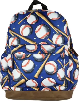 Baseball Sports Kids Backpack - Batter Up! Homerun Boys Cool 16" School Travel Book Bag with Laptop Tech Sleeve and Faux Leather Bottom