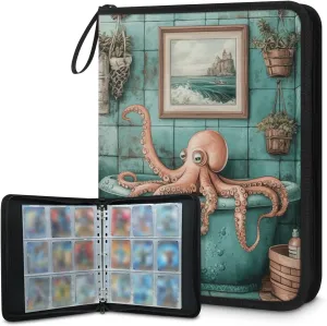 Bathroom Octopus Trading Card Binder 4 Pocket 400 Cards Holder Collector Album with 50 Removable Sleeves Toys Gifts for Boys Girls Bathtub Fish Game Sports Cards