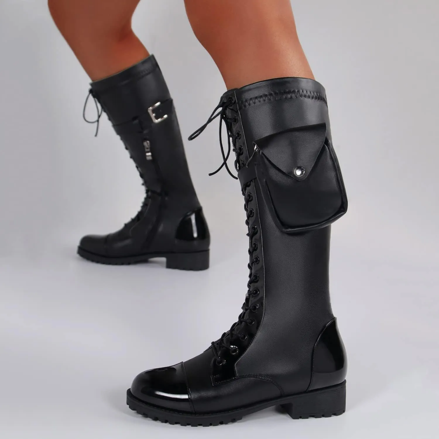 bbruriy Women's Stretch Sexy PU Leather The Knee Boots Chunky Low Heel Thigh High Boots with Small Bag Decoration Fall Winter Long Boots