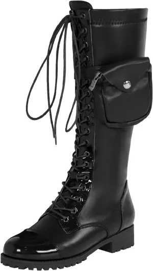 bbruriy Women's Stretch Sexy PU Leather The Knee Boots Chunky Low Heel Thigh High Boots with Small Bag Decoration Fall Winter Long Boots