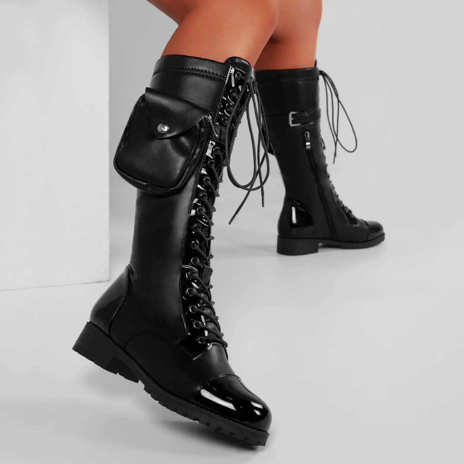 bbruriy Women's Stretch Sexy PU Leather The Knee Boots Chunky Low Heel Thigh High Boots with Small Bag Decoration Fall Winter Long Boots