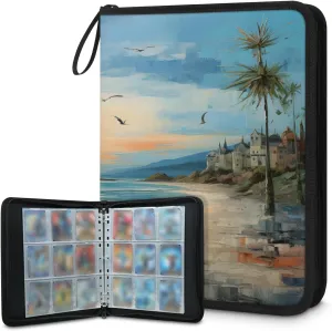 Beach Painting 3 Ring Trading Zipper Binder Strap, Trading Card Binder 4 Pocket, 400 Pockets Card Holder with 50 Removable Sleeves for Game Cards