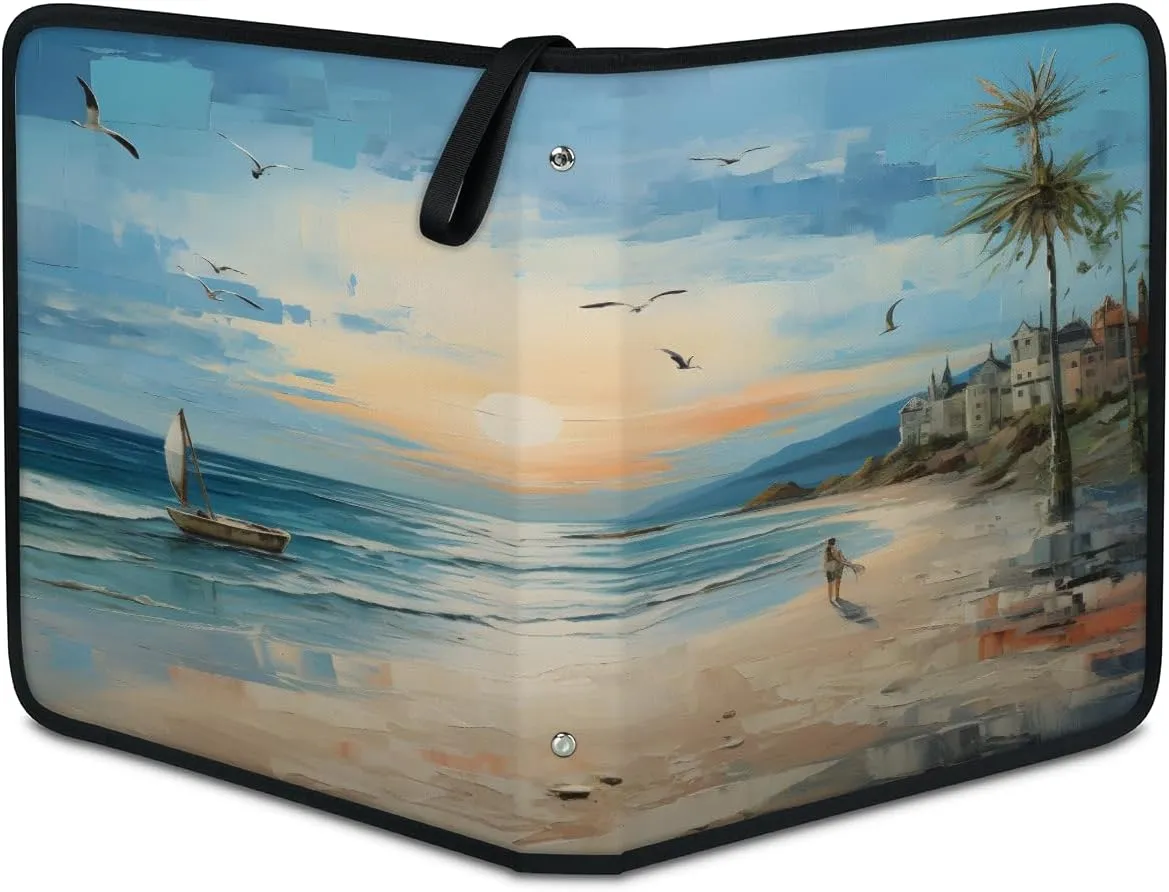 Beach Painting 3 Ring Trading Zipper Binder Strap, Trading Card Binder 4 Pocket, 400 Pockets Card Holder with 50 Removable Sleeves for Game Cards