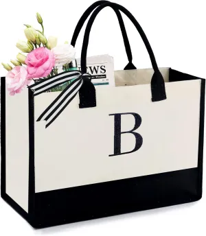BeeGreen Birthday Gifts For Women 13oz Canvas Tote Bag with Pocket Initial Gifts For Sister Mom Friends Teacher