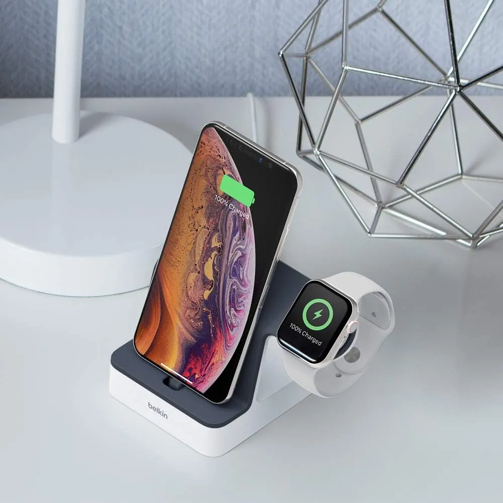 Belkin 2-In-1 Iphone & Apple Watch Charging Dock - Powerhouse Charging Station   Apple Watch Charging Stand - Designed For Iphone 6/7/8/X/Xs/Xr/Xs Max, Apple Watch Series 4, 3, 2, & 1