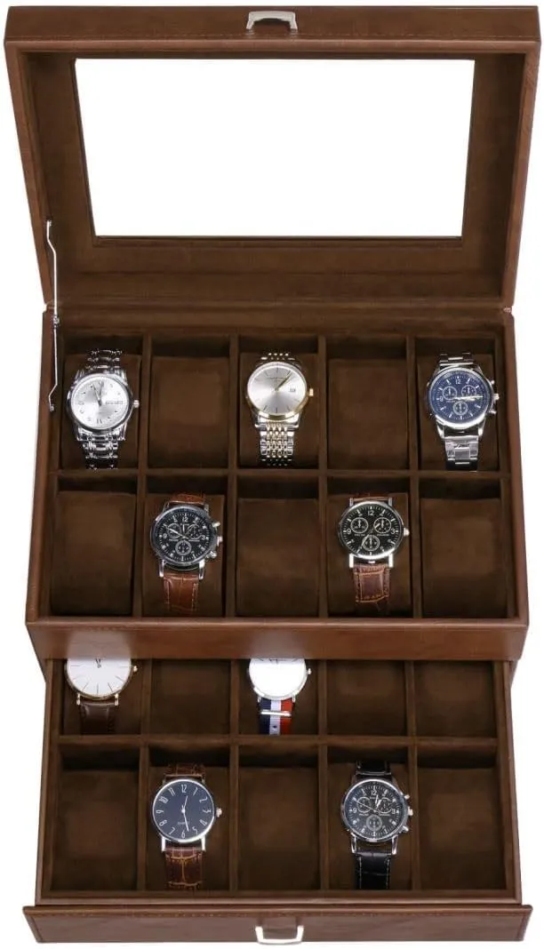BEWISHOME 20 Slot Watch Box for Men Watch Case, Watch Display Case with Real Glass Lid, 2 Layers Watch Holder Organizer, Metal Hinge, Brown Leather SSH24Z