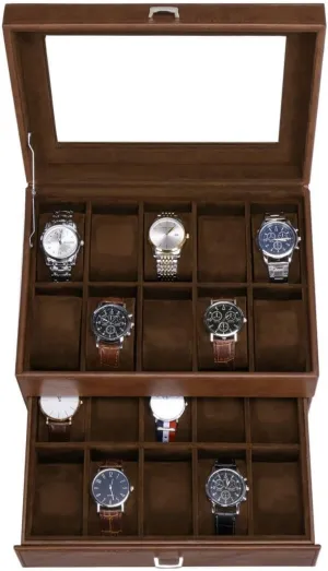 BEWISHOME 20 Slot Watch Box for Men Watch Case, Watch Display Case with Real Glass Lid, 2 Layers Watch Holder Organizer, Metal Hinge, Brown Leather SSH24Z