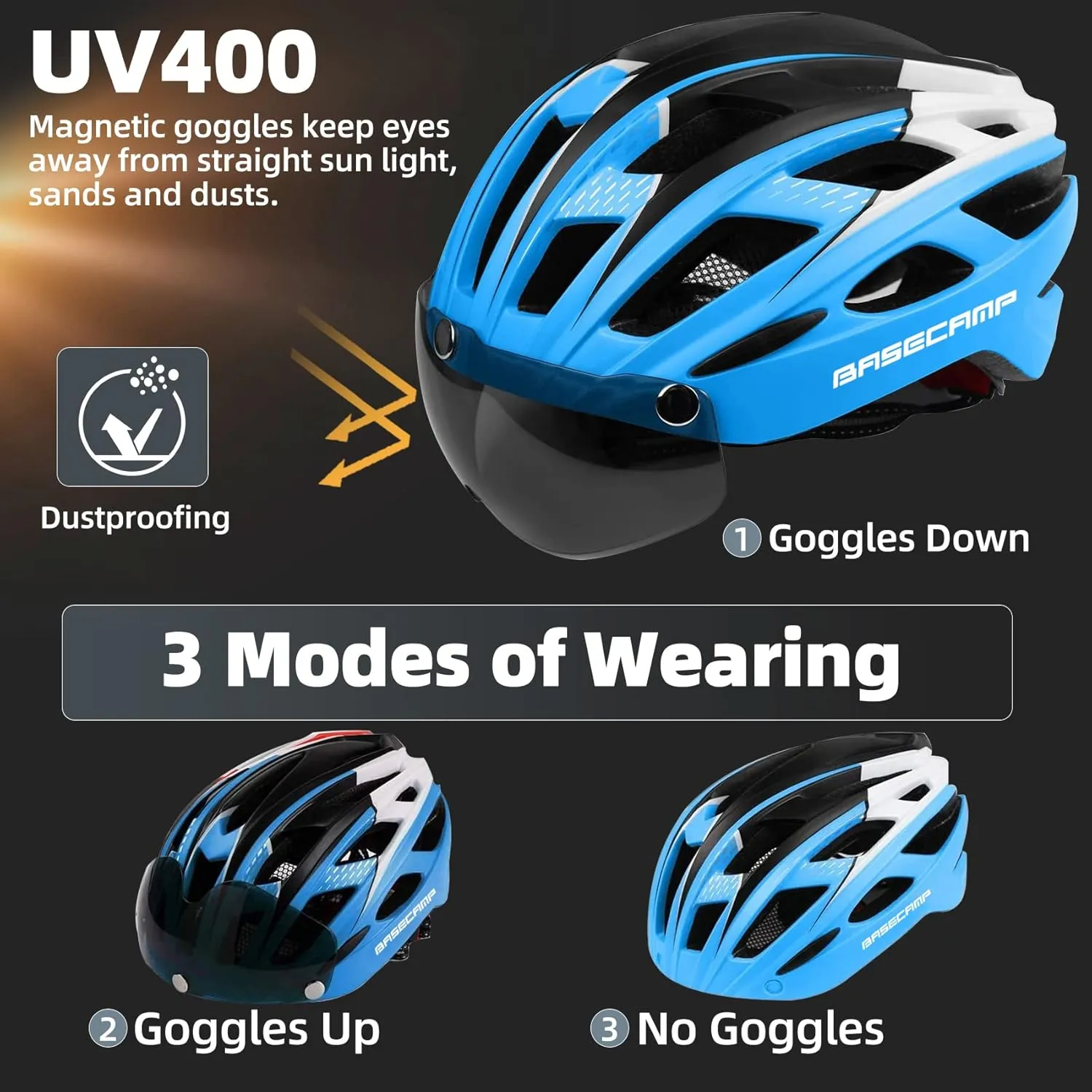 Bike Helmet, Basecamp Bicycle Helmet with Rear Light & Detachable Magnetic Goggles Lightweight Cycling Helmet Adjustable for Adult Men Women Mountain & Road (BC-069)