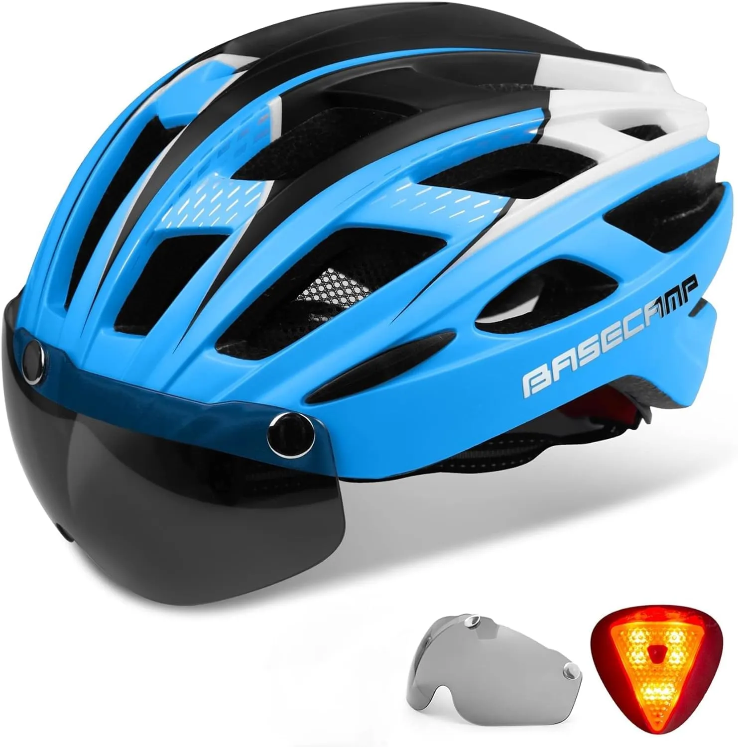 Bike Helmet, Basecamp Bicycle Helmet with Rear Light & Detachable Magnetic Goggles Lightweight Cycling Helmet Adjustable for Adult Men Women Mountain & Road (BC-069)