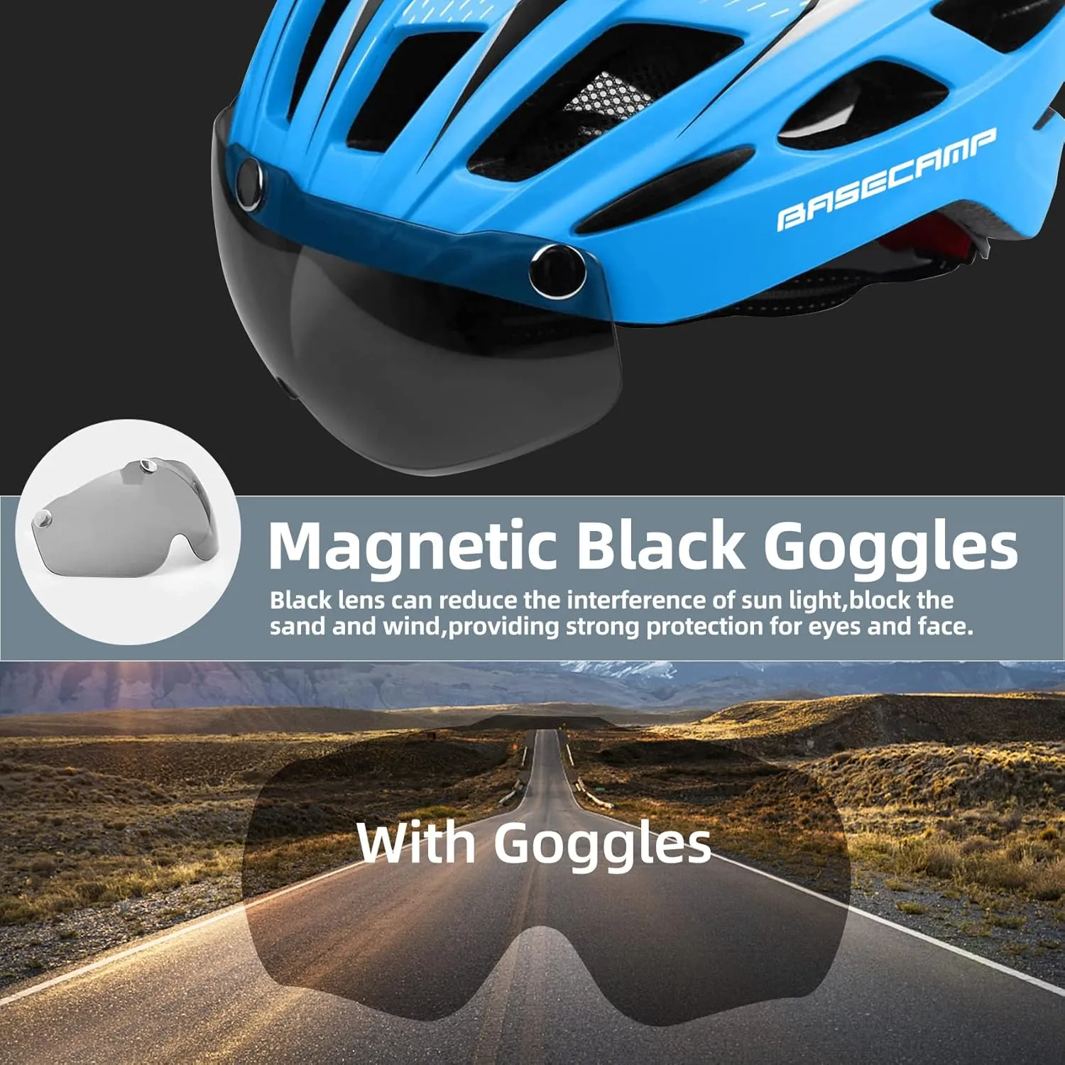 Bike Helmet, Basecamp Bicycle Helmet with Rear Light & Detachable Magnetic Goggles Lightweight Cycling Helmet Adjustable for Adult Men Women Mountain & Road (BC-069)