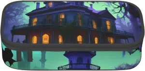 Black Haunted Mansion Print Large Capacity Compartments Pencil Case Pencil Pouch Bag Travel Toiletry Organizer Bag