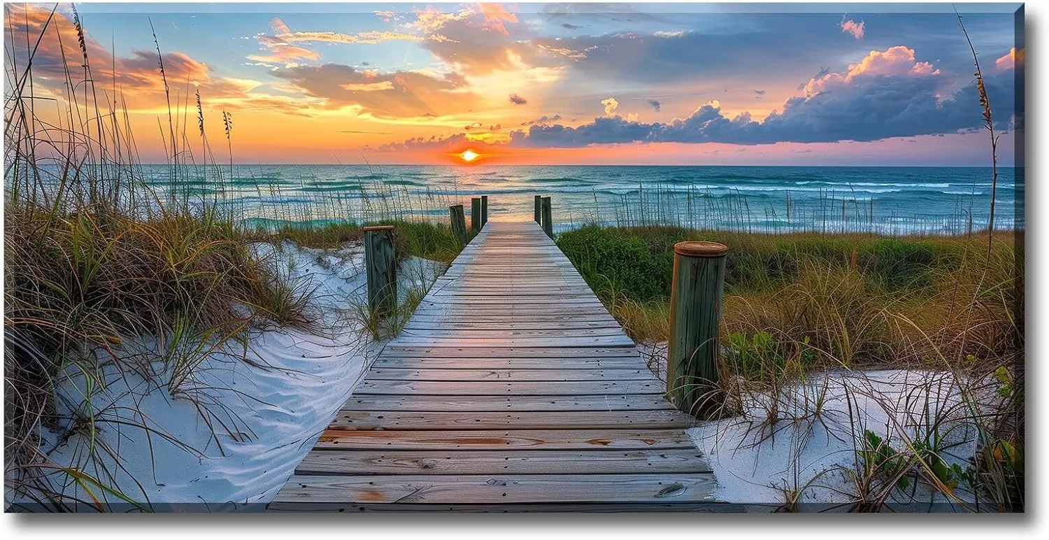 BLINFEIRU Coastal Beach Canvas Wall Art - Beach Path Pictures Wall Decor Large Ocean Seascape Art Prints Sunset Nature Landscape Paintings for Living Room Bedroom Decorations Framed Artwork 20"x40"