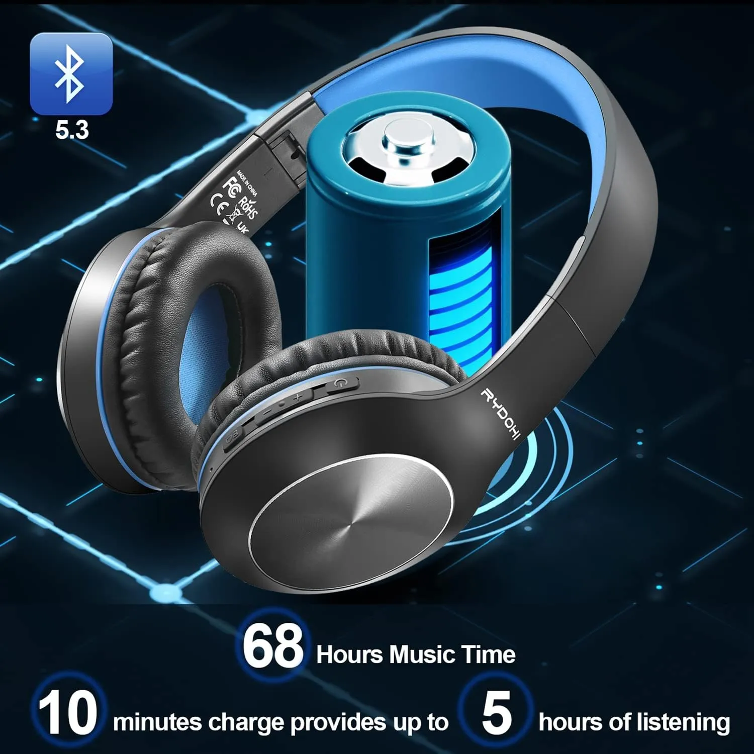 Bluetooth Headphones Over Ear, 68H Playtime 3 EQ Music Modes Wireless Headphones with Microphone/Deep Bass, Foldable Lightweight Headset for PC Home Travel Office(Black Blue)