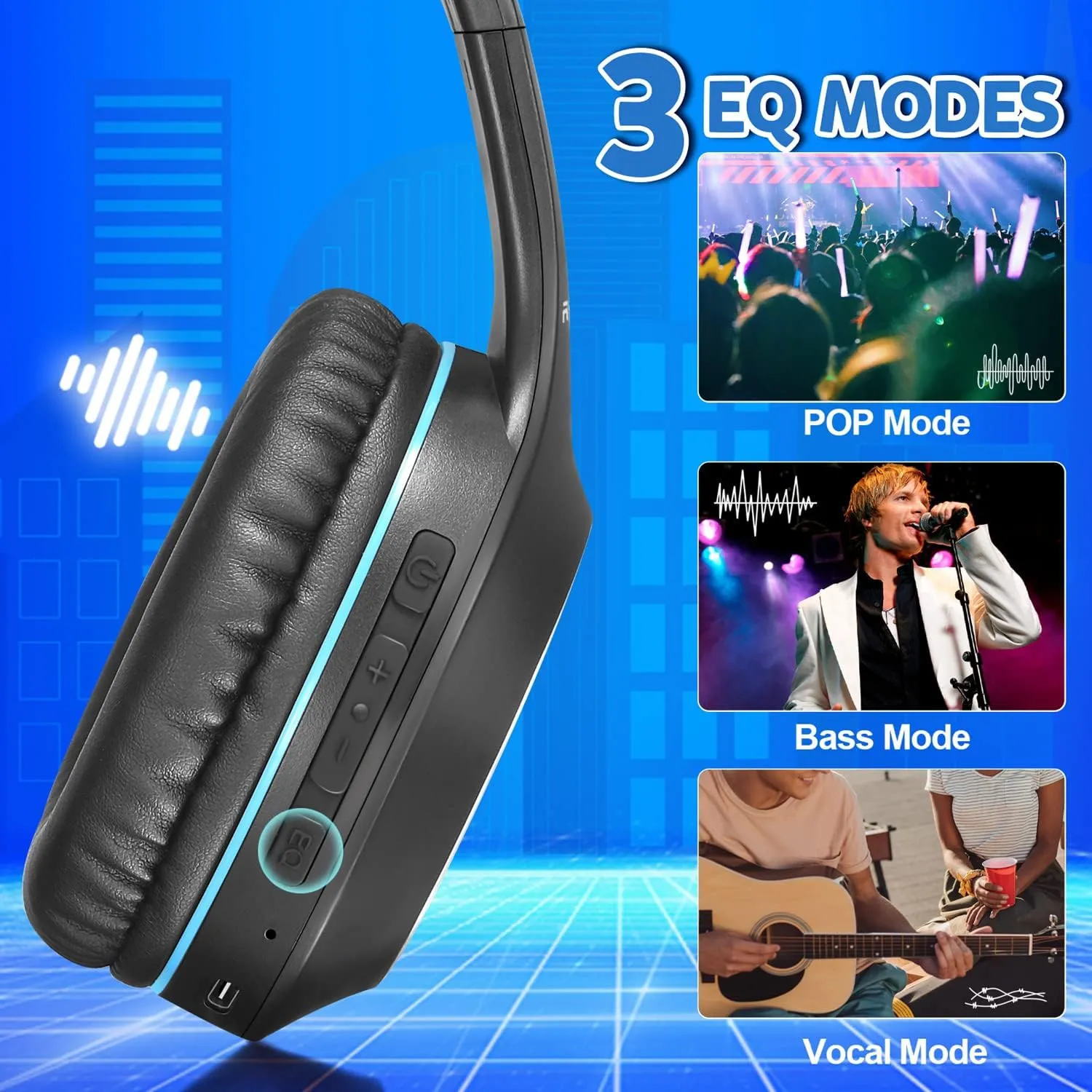 Bluetooth Headphones Over Ear, 68H Playtime 3 EQ Music Modes Wireless Headphones with Microphone/Deep Bass, Foldable Lightweight Headset for PC Home Travel Office(Black Blue)