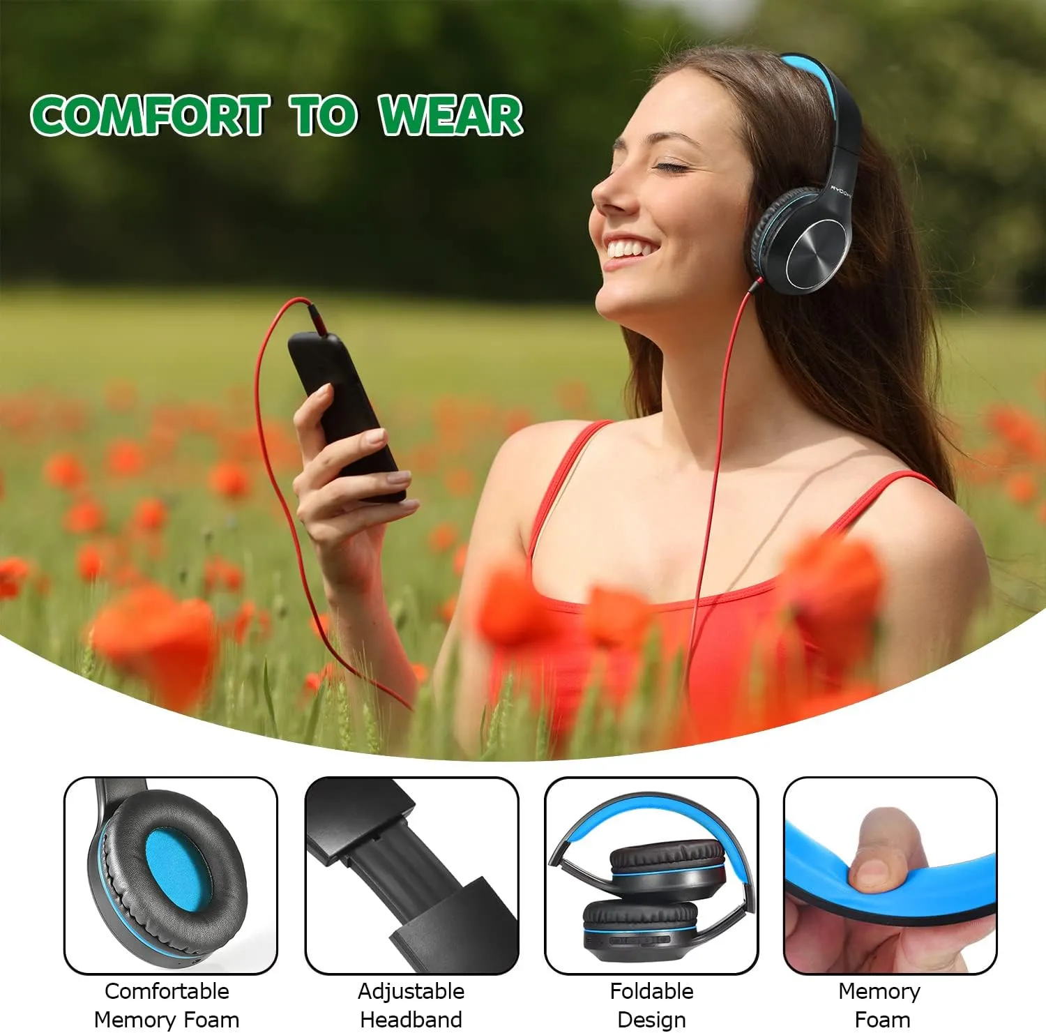 Bluetooth Headphones Over Ear, 68H Playtime 3 EQ Music Modes Wireless Headphones with Microphone/Deep Bass, Foldable Lightweight Headset for PC Home Travel Office(Black Blue)