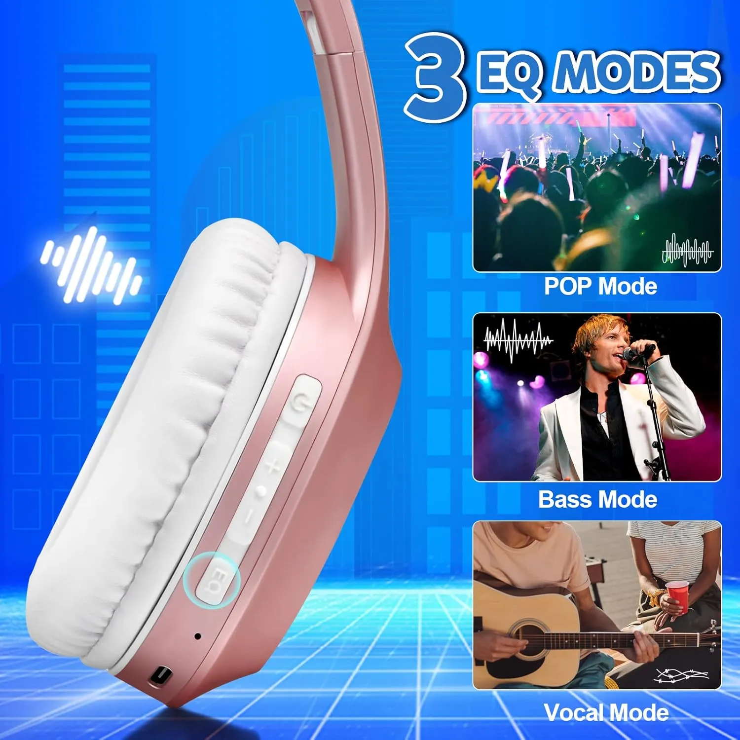 Bluetooth Headphones Over Ear, 68H Playtime and 3 EQ Music Modes Wireless Headphones with Microphone/Deep Bass, HiFi Stereo Foldable Lightweight Headset for PC Home Travel Office (Rose Gold)